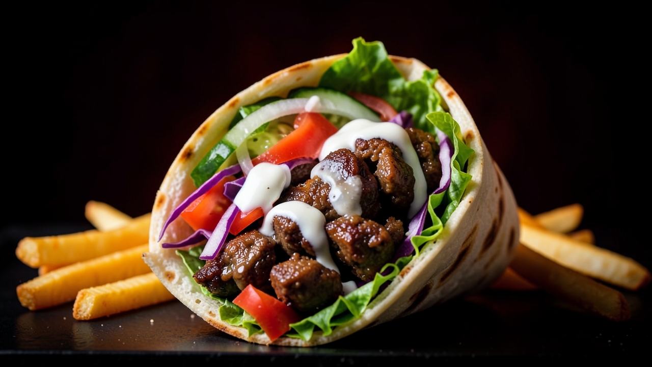 Dürüm mit Kebapfleisch, frischem Gemüse und Sauce